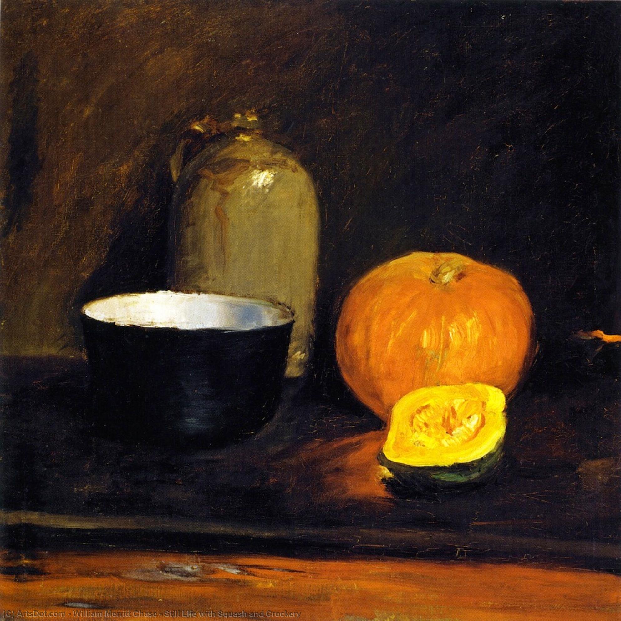 Wikioo.org - The Encyclopedia of Fine Arts - Painting, Artwork by William Merritt Chase - Still LIfe with Squash and Crockery