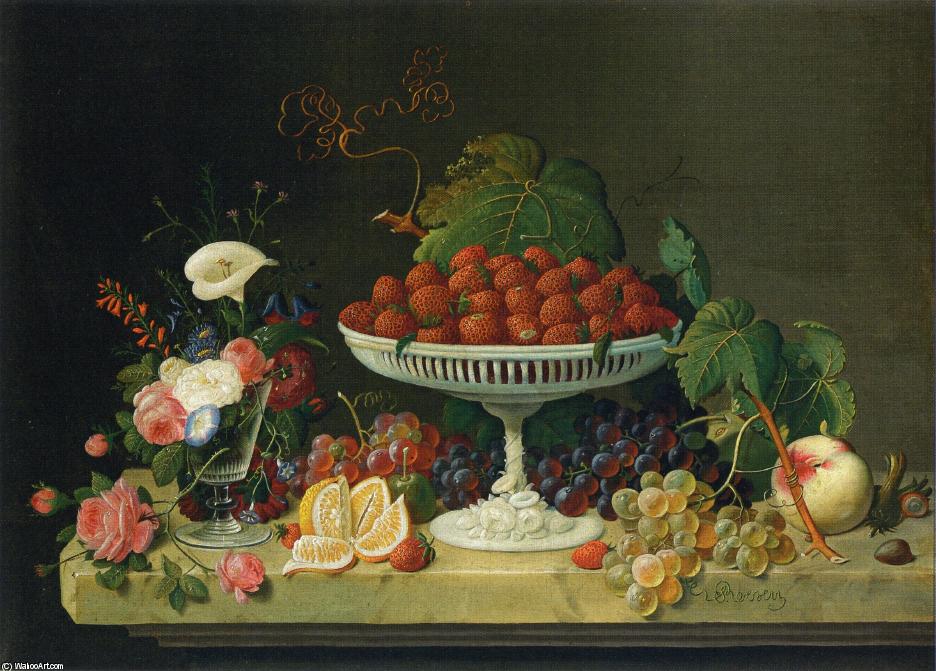 Wikioo.org - The Encyclopedia of Fine Arts - Painting, Artwork by Severin Roesen - Still Life with Strawberries and Goblet of Flowers