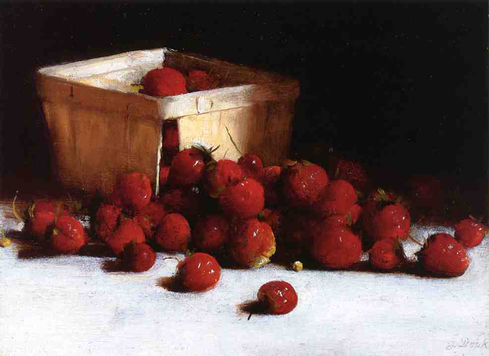 Wikioo.org – La Enciclopedia de las Bellas Artes - Pintura, Obras de arte de Joseph Decker - bodegón con fresas asícomo avestruz huevo taza