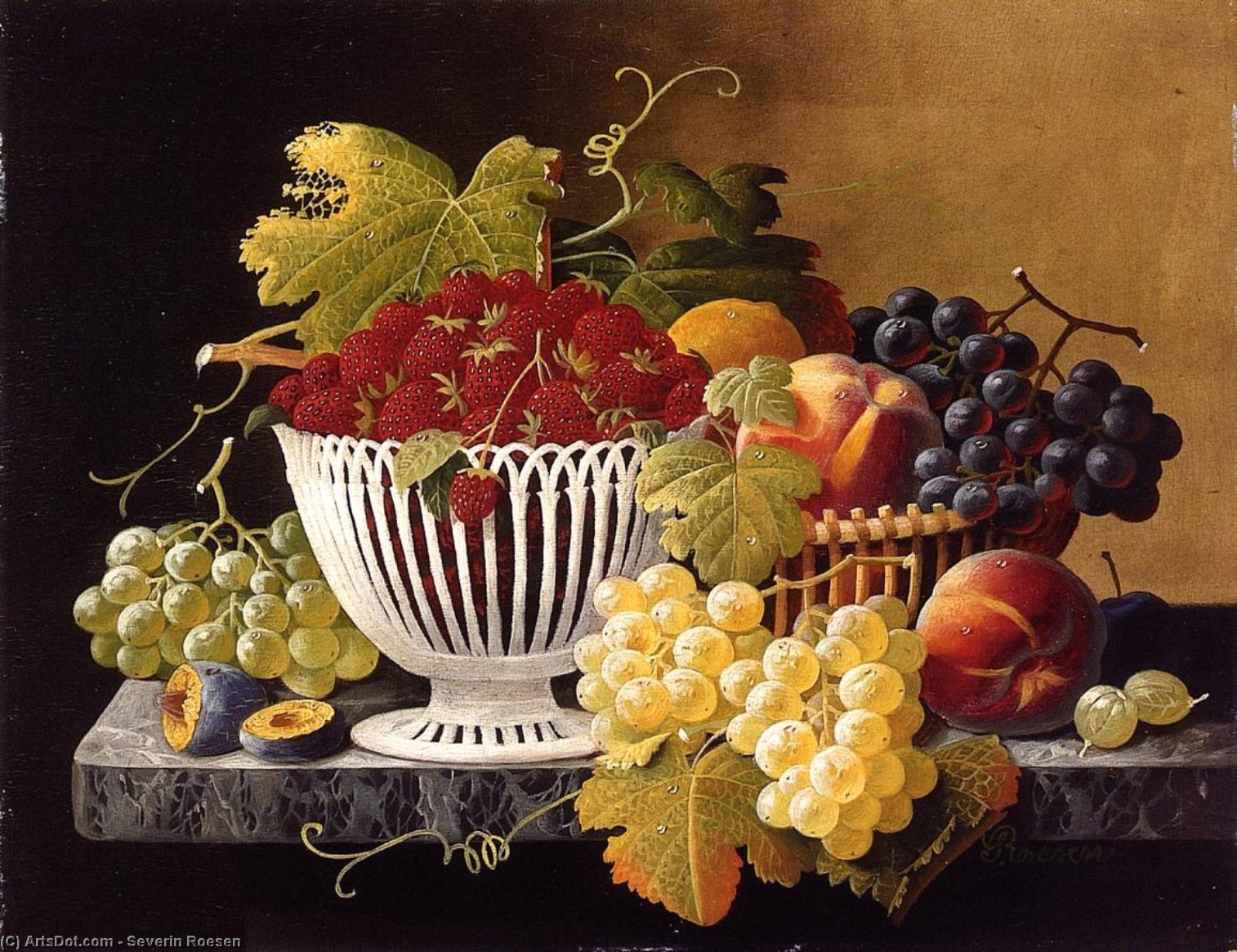 Wikioo.org - The Encyclopedia of Fine Arts - Painting, Artwork by Severin Roesen - Still Life with Strawberry Basket