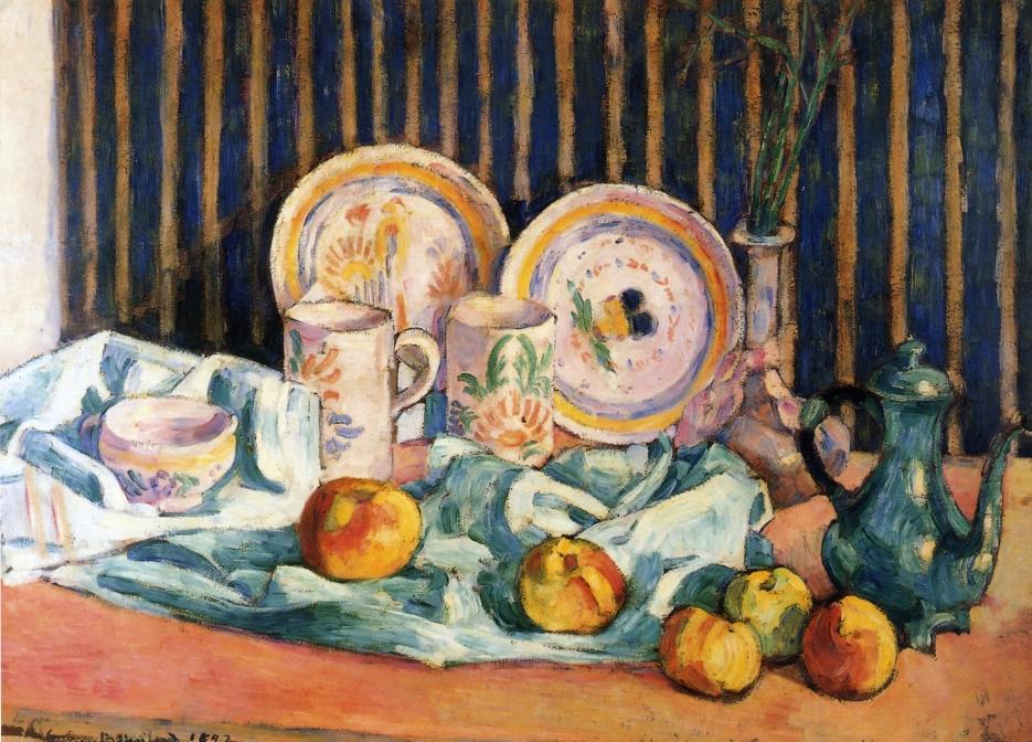 Wikioo.org - The Encyclopedia of Fine Arts - Painting, Artwork by Emile Bernard - Still Life with Teapot, Apples and Dishes
