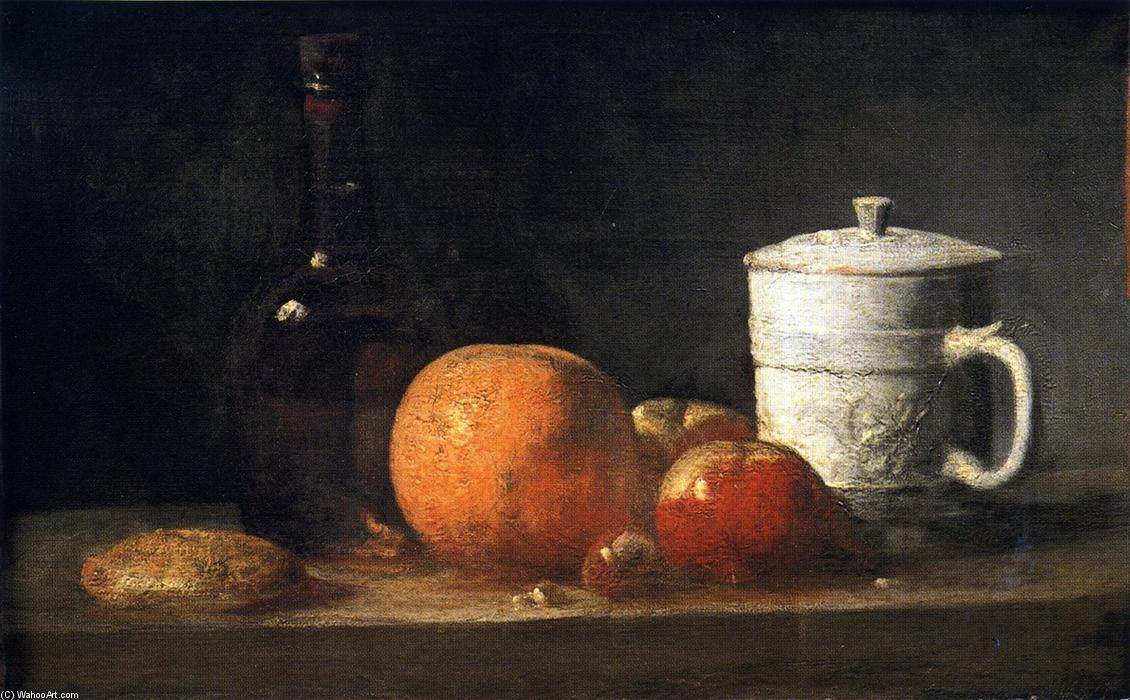Wikioo.org - The Encyclopedia of Fine Arts - Painting, Artwork by Jean-Baptiste Simeon Chardin - Still Life with Tin-Glazed Jar, Fruit and Bottle