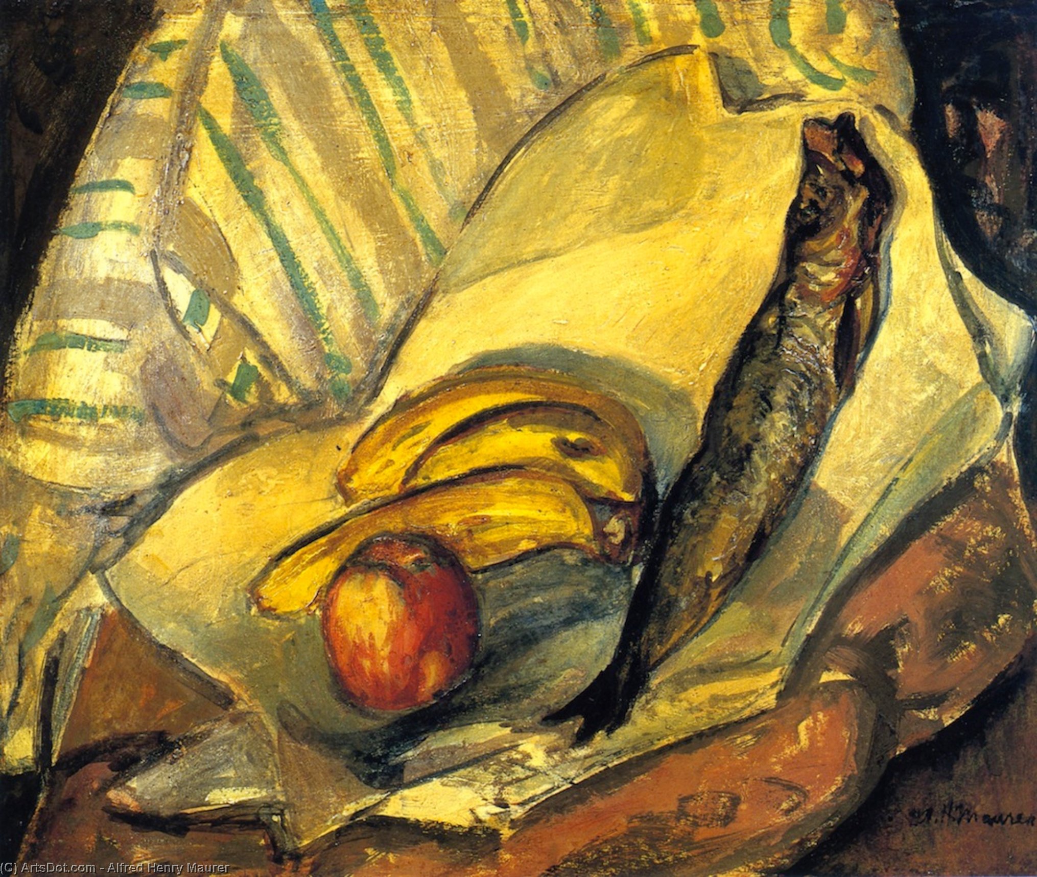 Wikioo.org - The Encyclopedia of Fine Arts - Painting, Artwork by Alfred Henry Maurer - Still LIfe with Trout, Bananas and Apple