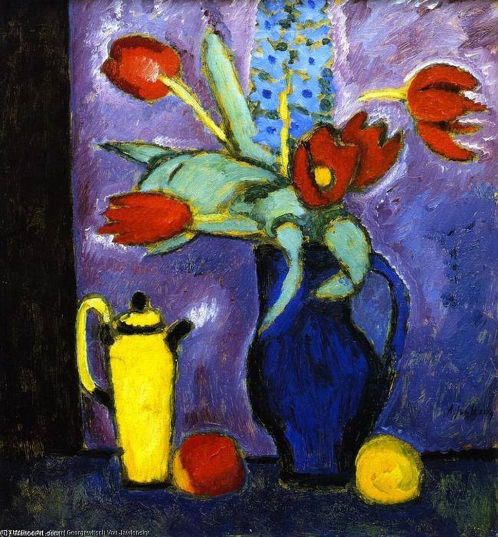 Wikioo.org - The Encyclopedia of Fine Arts - Painting, Artwork by Alexej Georgewitsch Von Jawlensky - Still Life with Tulips, Blue Jug, Yellow Coffee Pot