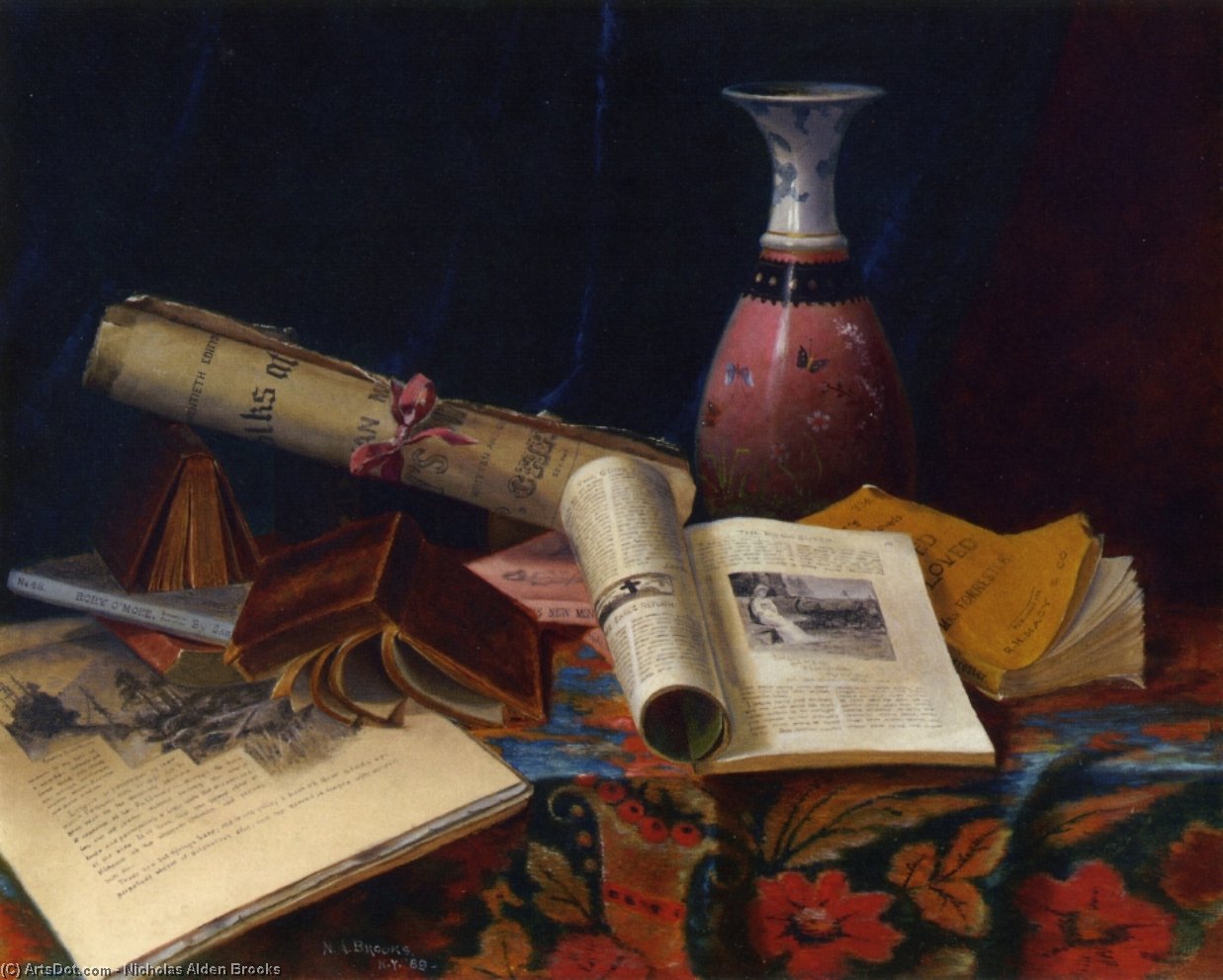 Wikioo.org - The Encyclopedia of Fine Arts - Painting, Artwork by Nicholas Alden Brooks - Still Life with Vase and Books