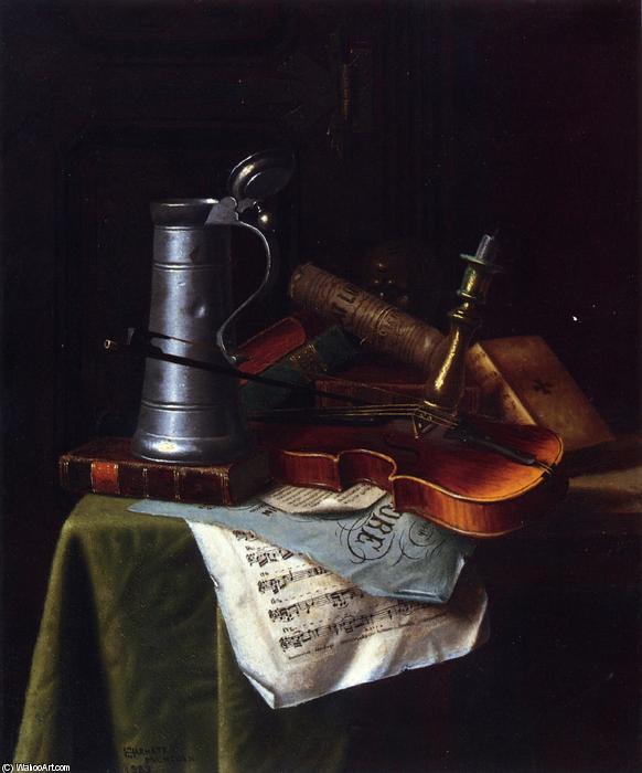 Wikioo.org - The Encyclopedia of Fine Arts - Painting, Artwork by William Michael Harnett - Still Life with a Violin, Pewter Tankard and Sheet Music