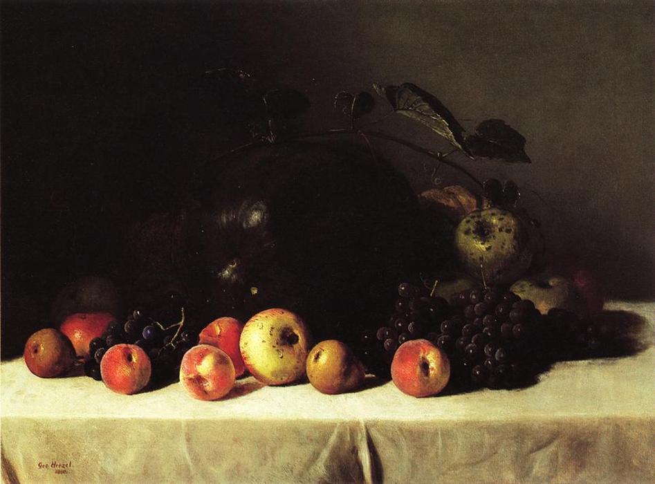 WikiOO.org - Εγκυκλοπαίδεια Καλών Τεχνών - Ζωγραφική, έργα τέχνης George Hetzel - Still Life with Watermelon, Grapes and Apples