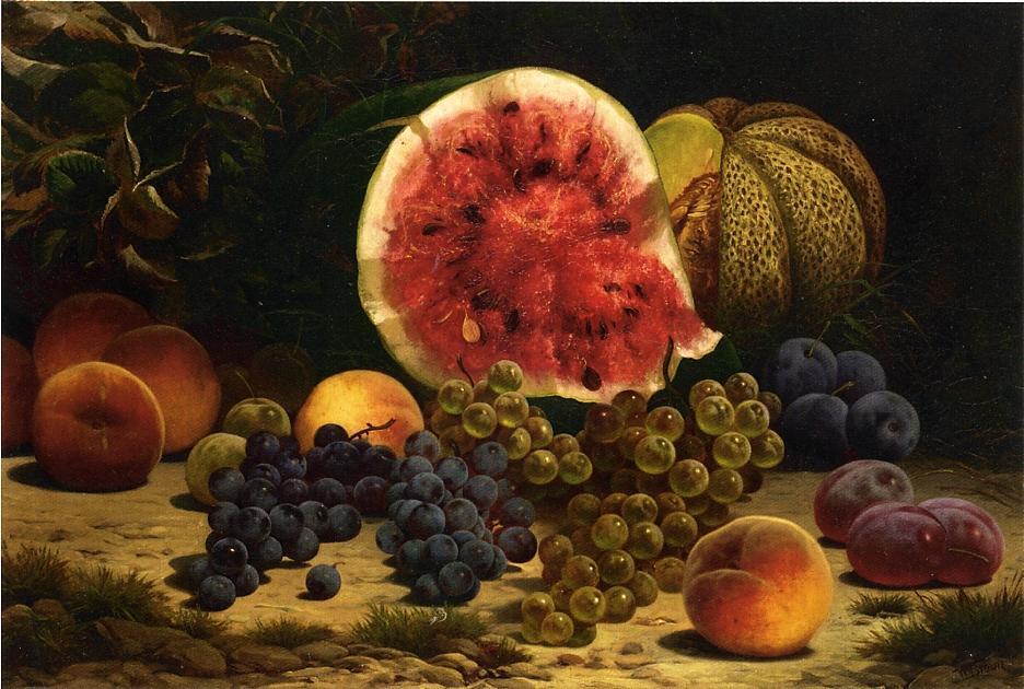 Wikioo.org - The Encyclopedia of Fine Arts - Painting, Artwork by William Mason Brown - Still Life with Watermelon, Grapes, Peaches, Plums and Cantaloupe