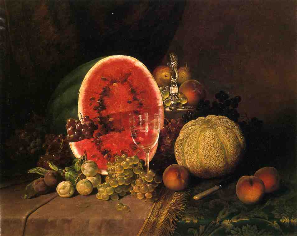 Wikioo.org – La Enciclopedia de las Bellas Artes - Pintura, Obras de arte de William Mason Brown - Todavía vida con la sandía, uvas, duraznos, ciruelas y melón