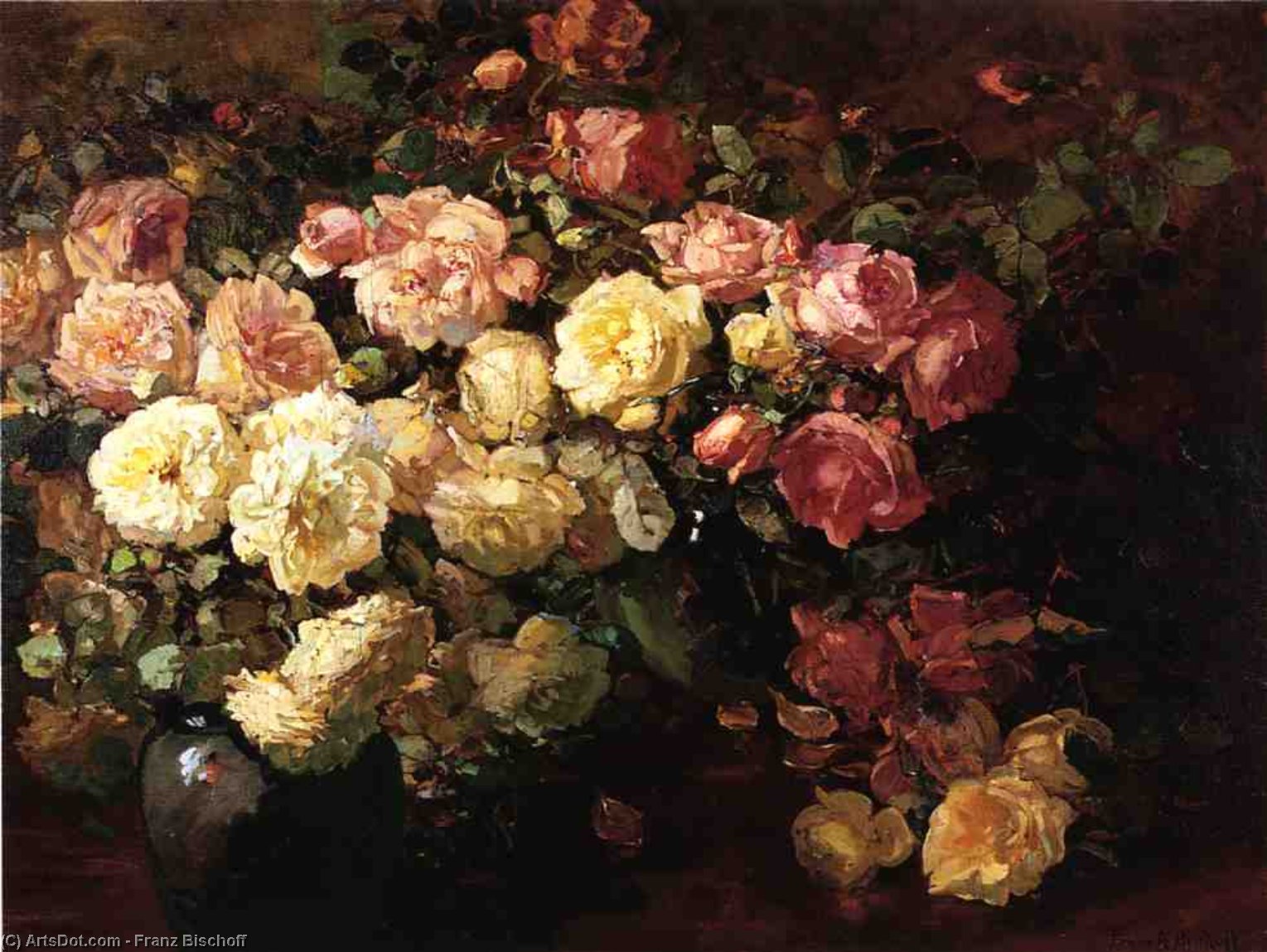 Wikioo.org - Bách khoa toàn thư về mỹ thuật - Vẽ tranh, Tác phẩm nghệ thuật Franz Bischoff - Still Life with White and Pink Roses