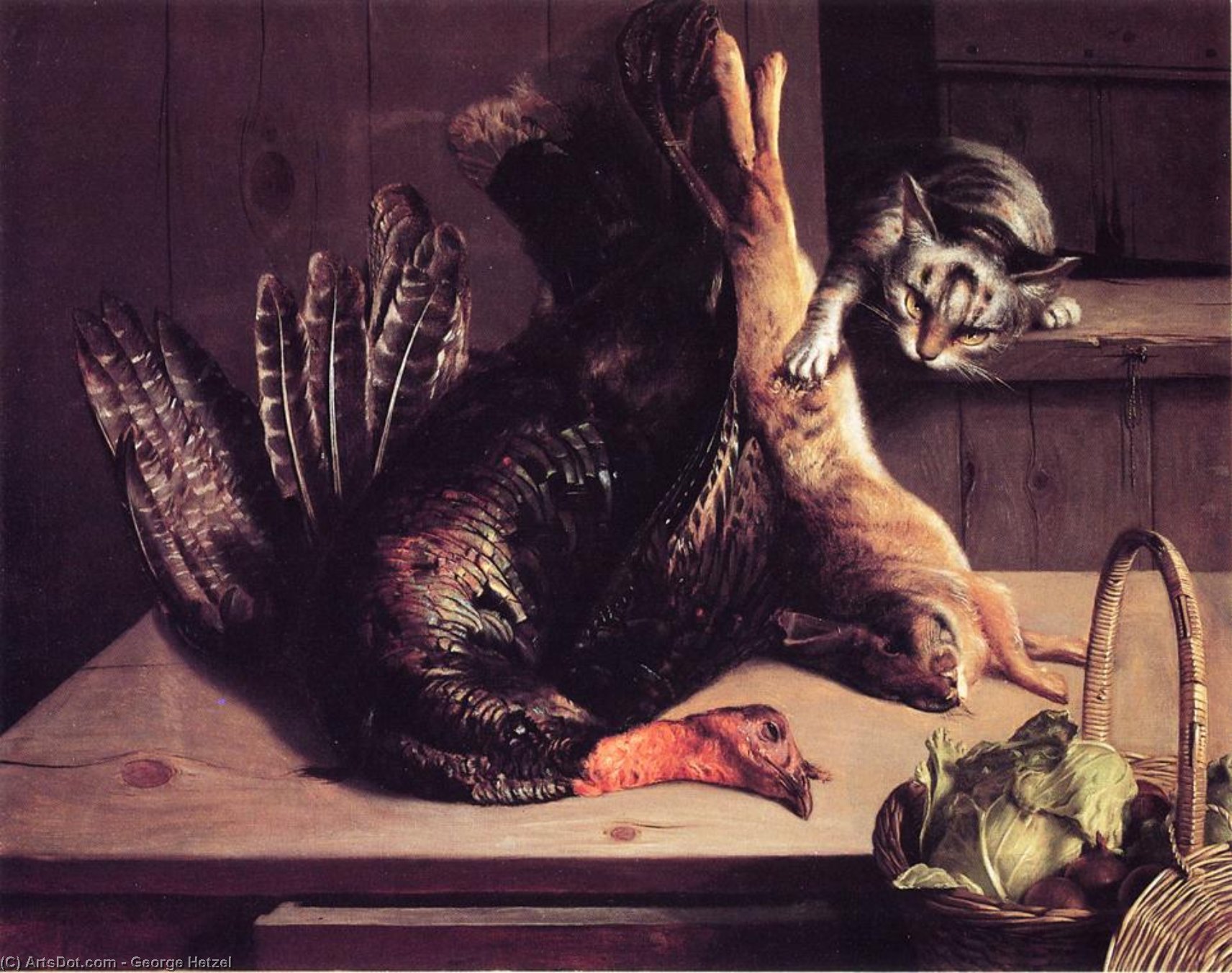 WikiOO.org - Εγκυκλοπαίδεια Καλών Τεχνών - Ζωγραφική, έργα τέχνης George Hetzel - Still Life with Wild Game and Cat