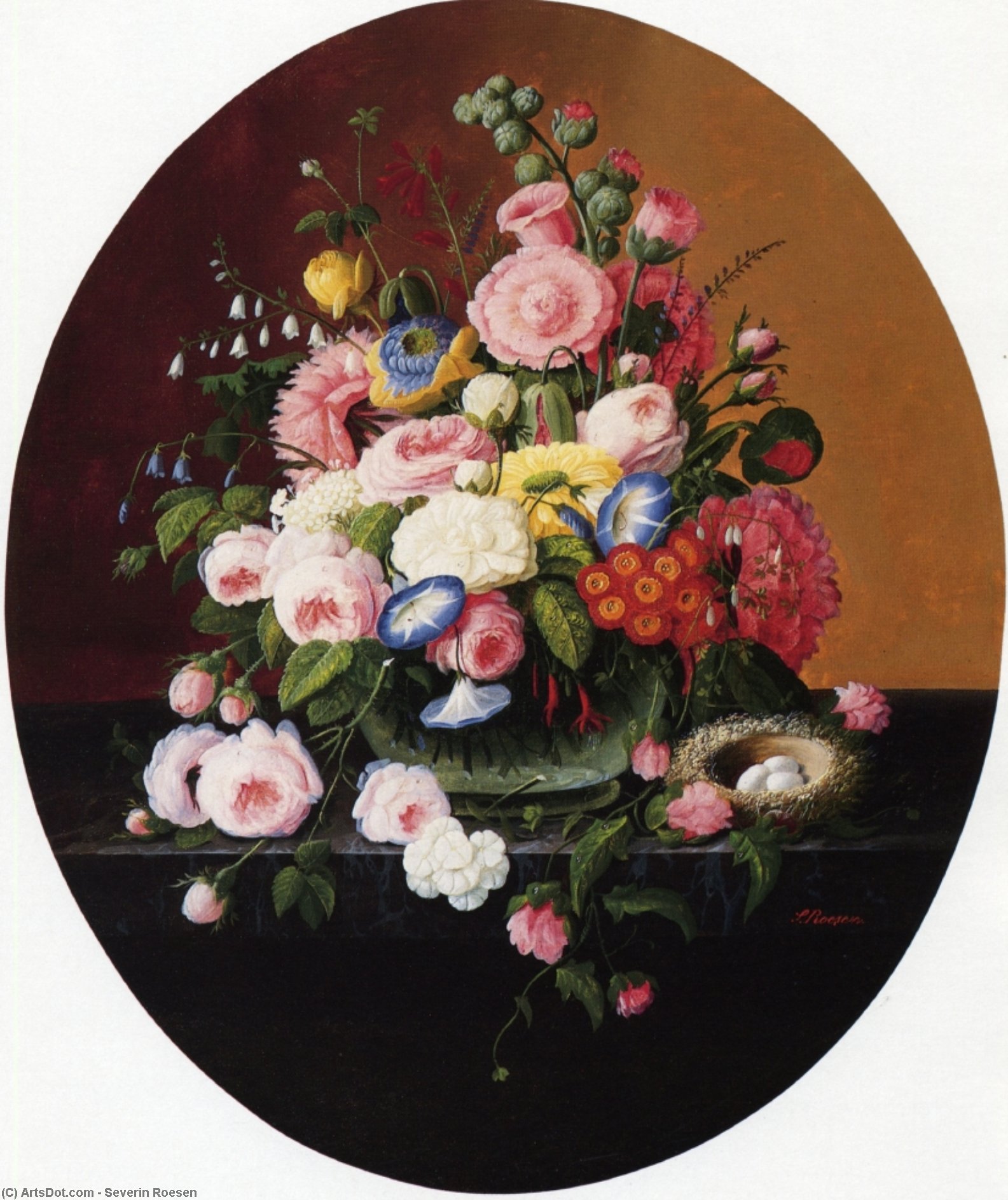 Wikioo.org - สารานุกรมวิจิตรศิลป์ - จิตรกรรม Severin Roesen - Still Life witih Flowers in a Glass Bowl and Bird's Nest