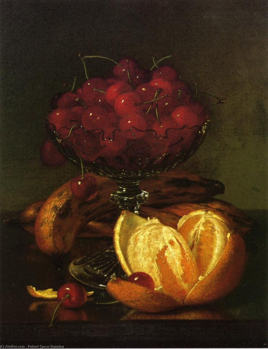 Wikioo.org - The Encyclopedia of Fine Arts - Painting, Artwork by Robert Spear Dunning - Still Liife of Compote, Cherries, Three Bananas and Orange