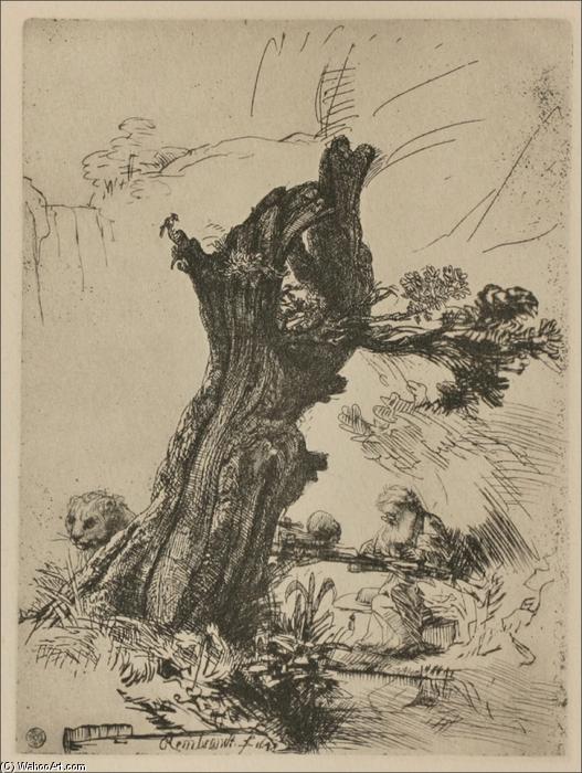 Wikioo.org - The Encyclopedia of Fine Arts - Painting, Artwork by Rembrandt Van Rijn - St. Jerome Writing, Seated near a Large Tree