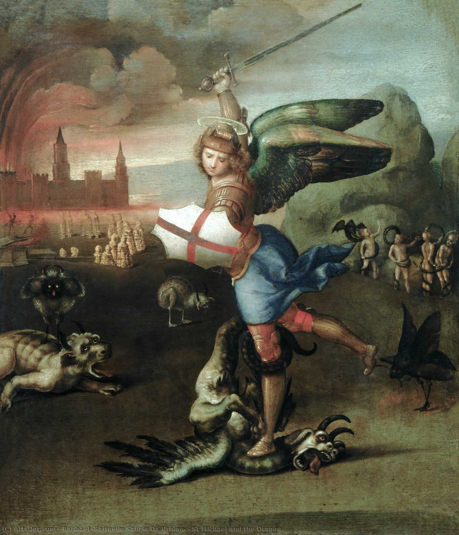Wikioo.org - สารานุกรมวิจิตรศิลป์ - จิตรกรรม Raphael (Raffaello Sanzio Da Urbino) - St Michael and the Dragon