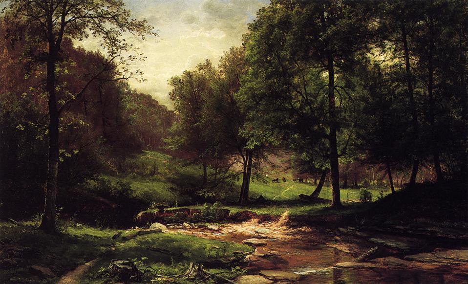 Wikioo.org - The Encyclopedia of Fine Arts - Painting, Artwork by George Hetzel - Stream with Field and Grazing Cattle