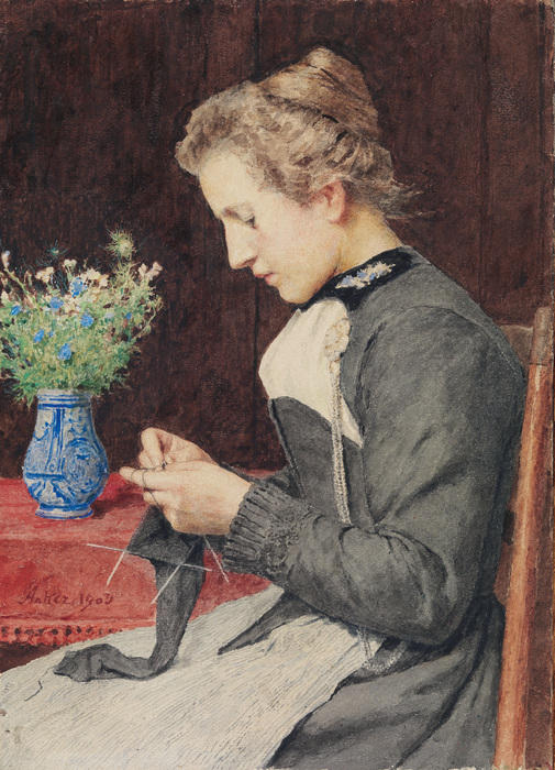 Wikioo.org - The Encyclopedia of Fine Arts - Painting, Artwork by Albert Samuel Anker - Strickende junge Frau mit Blumenstrauss