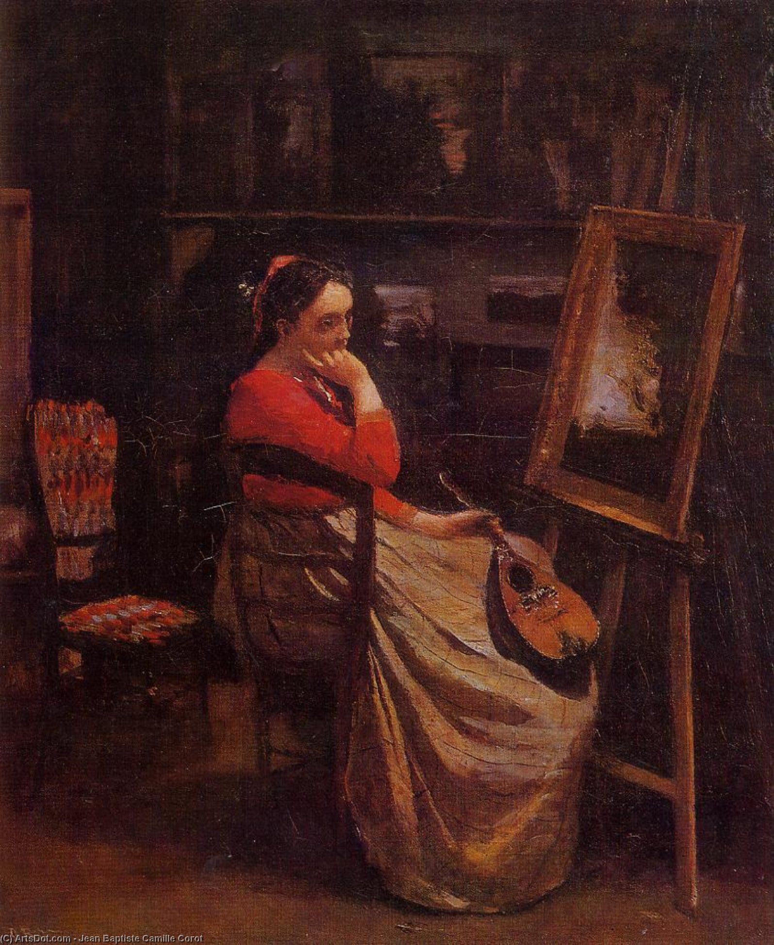 Wikioo.org - The Encyclopedia of Fine Arts - Painting, Artwork by Jean Baptiste Camille Corot - The Studio (also known as Young Woman with a Mandolin)