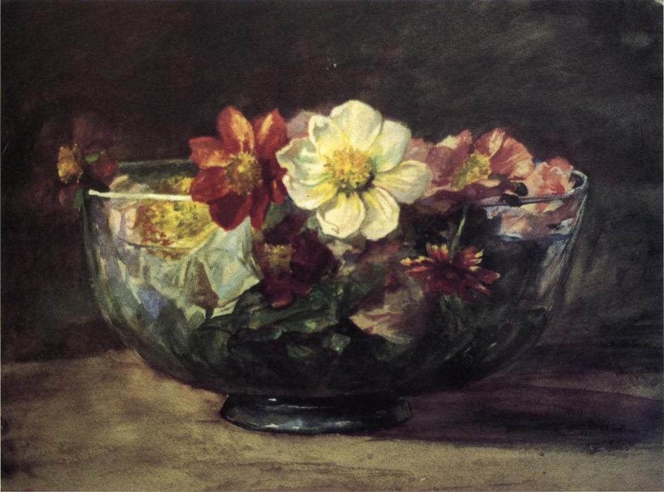 Wikioo.org - The Encyclopedia of Fine Arts - Painting, Artwork by John La Farge - Study of Autumn Flowers in Persian Glass Bowl with White Enamel Edge