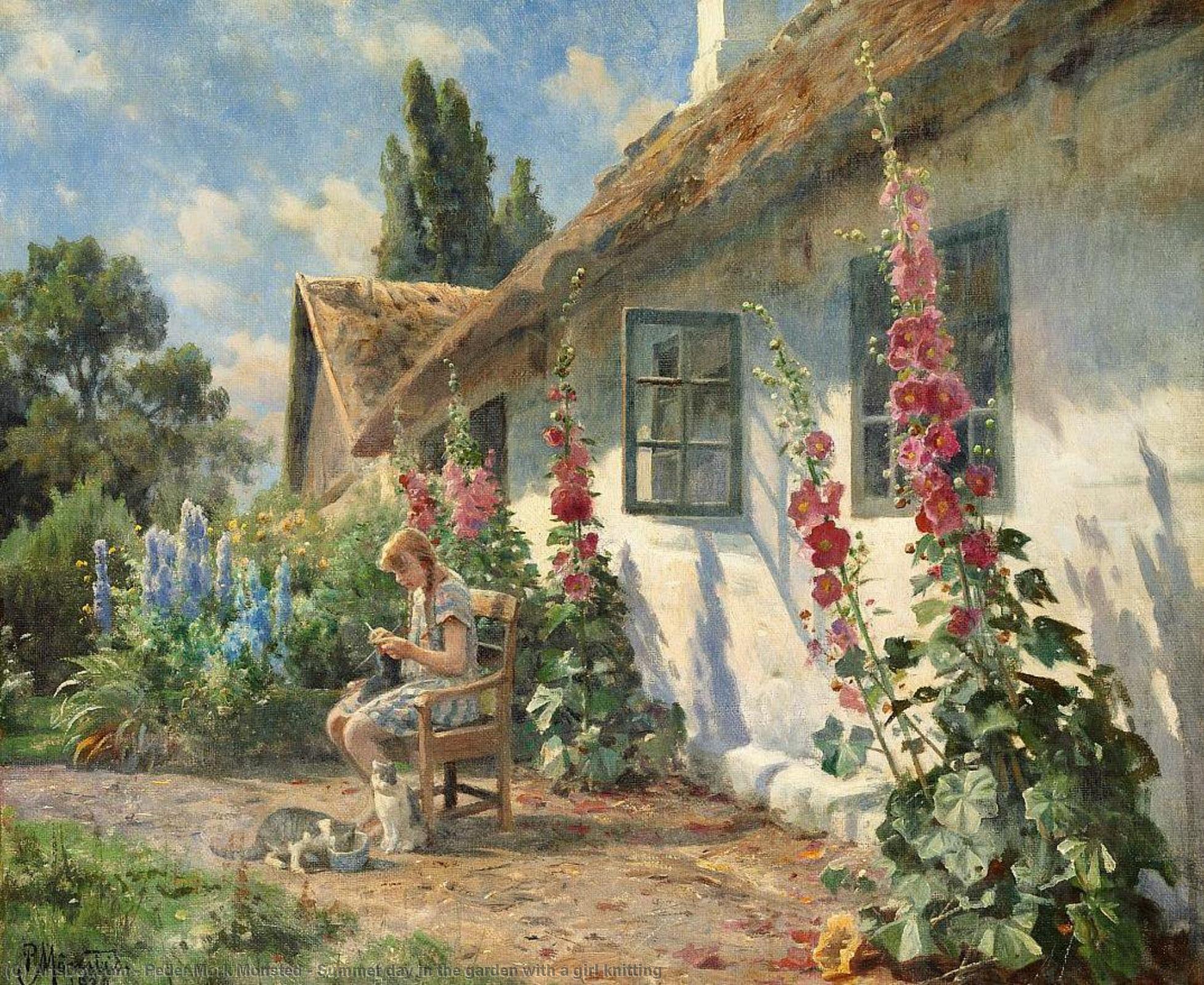 WikiOO.org - Enciklopedija dailės - Tapyba, meno kuriniai Peder Mork Monsted - Summer day in the garden with a girl knitting