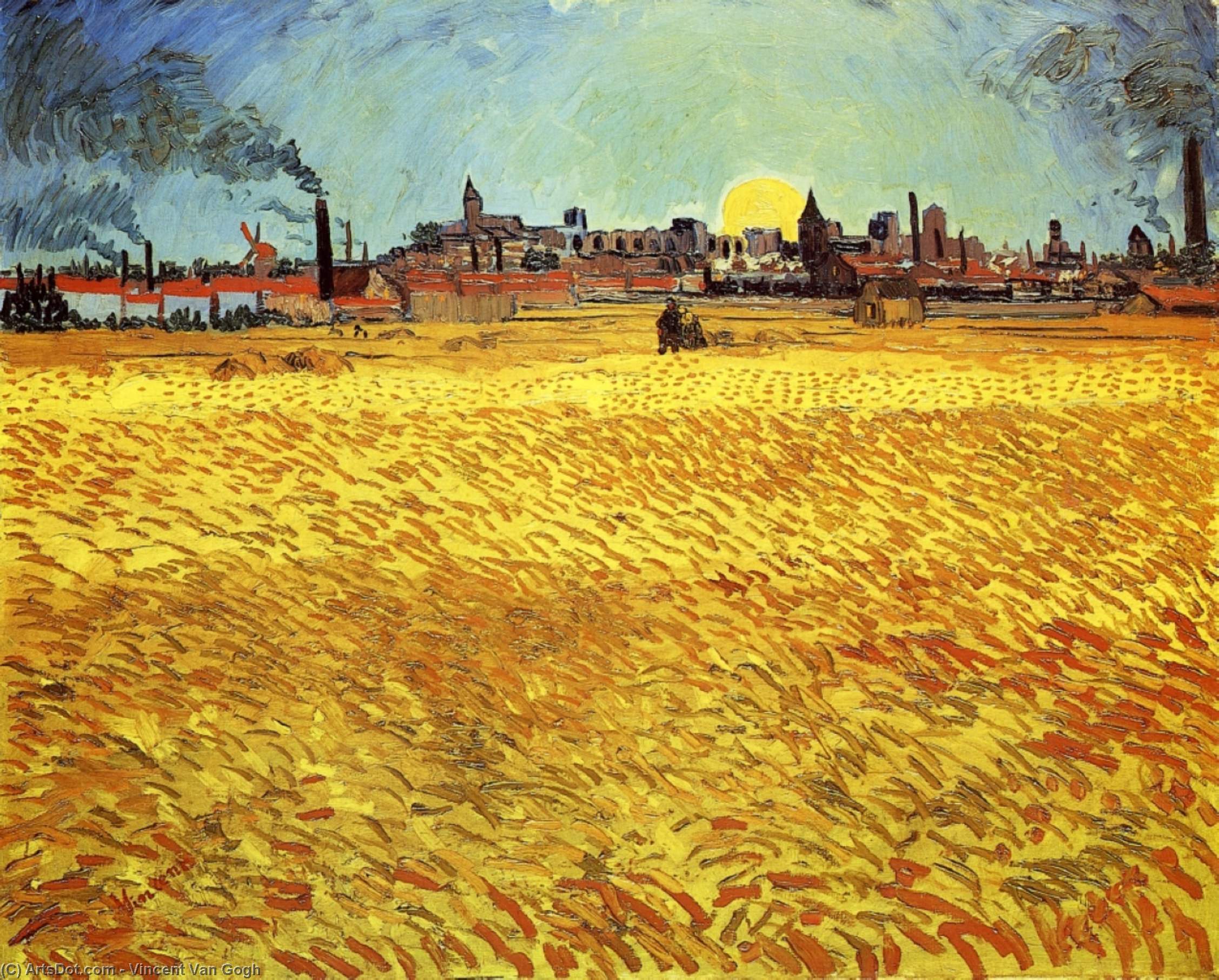 WikiOO.org – 美術百科全書 - 繪畫，作品 Vincent Van Gogh - 夏天 晚上 麦田  与  设置  阳光