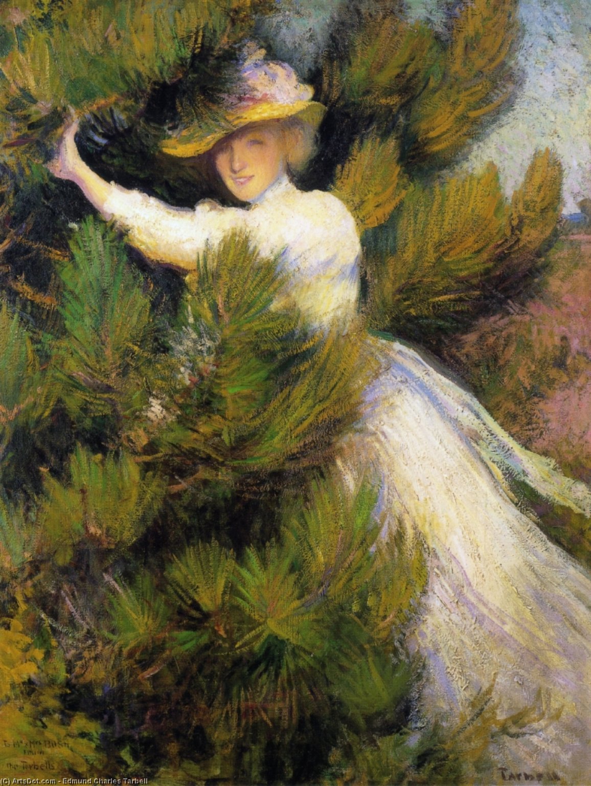 Wikioo.org – L'Encyclopédie des Beaux Arts - Peinture, Oeuvre de Edmund Charles Tarbell - summer idyll ( également connu sous le nom Fille et pin arbres )