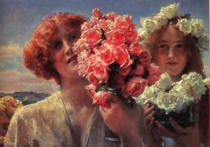 Wikioo.org – La Enciclopedia de las Bellas Artes - Pintura, Obras de arte de Lawrence Alma-Tadema - oferta de verano ( también conocida como jóven niñas enestado Las rosas )