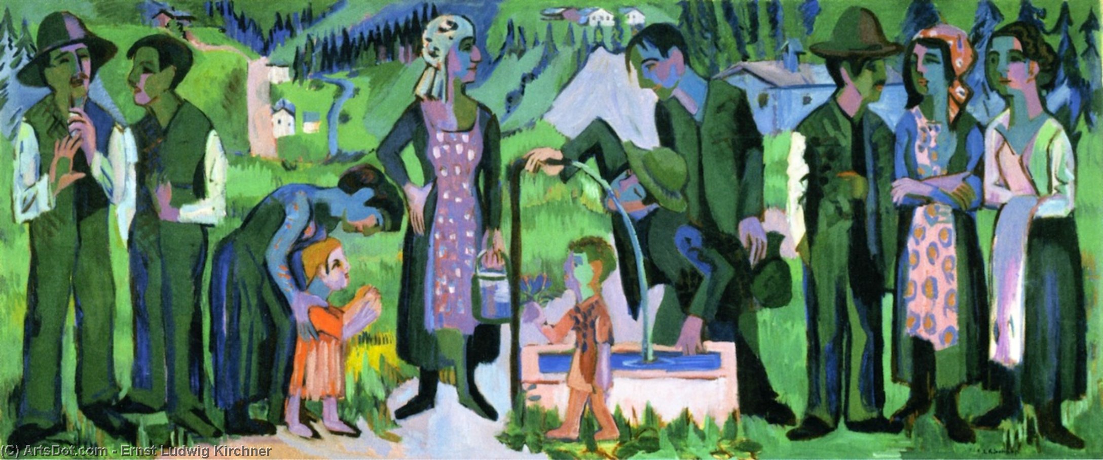 Wikioo.org - The Encyclopedia of Fine Arts - Painting, Artwork by Ernst Ludwig Kirchner - Sunday in the Alps: Scene at the Well