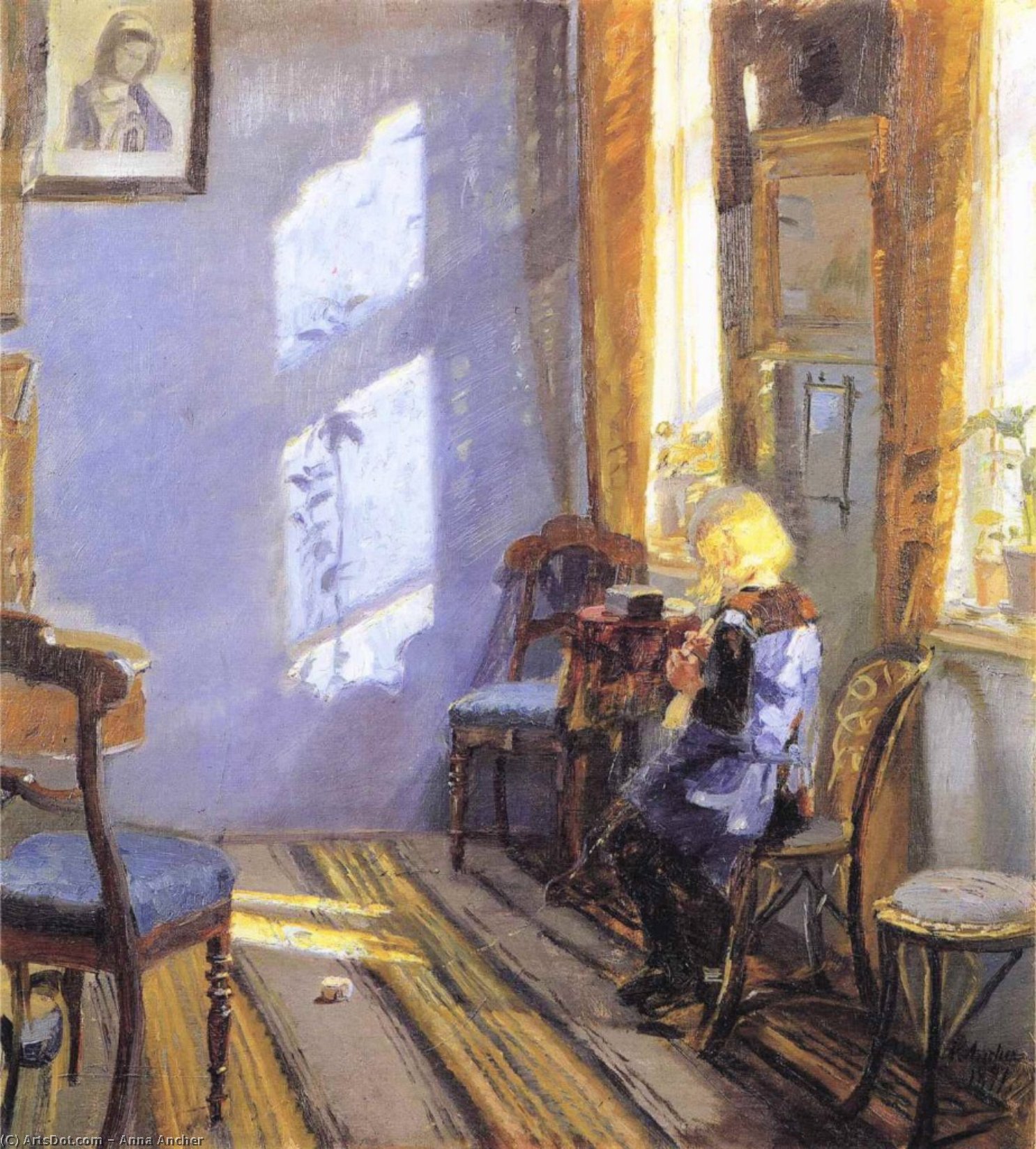 Wikoo.org - موسوعة الفنون الجميلة - اللوحة، العمل الفني Anna Kirstine Ancher - Sunlight in the Blue Room