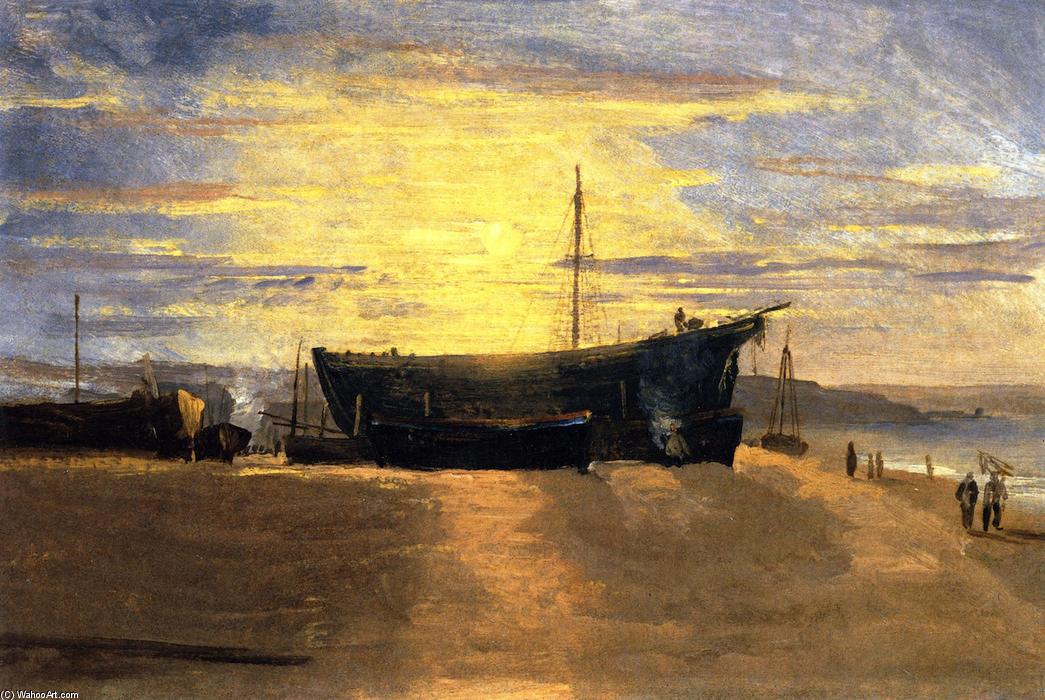 Wikioo.org – L'Enciclopedia delle Belle Arti - Pittura, Opere di David Cox - Tramonto , Hastings : Spiaggiati le navi da pesca