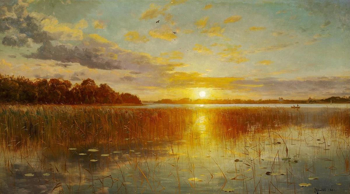 Wikioo.org - The Encyclopedia of Fine Arts - Painting, Artwork by Peder Mork Monsted - Sunset over a Danish fjord