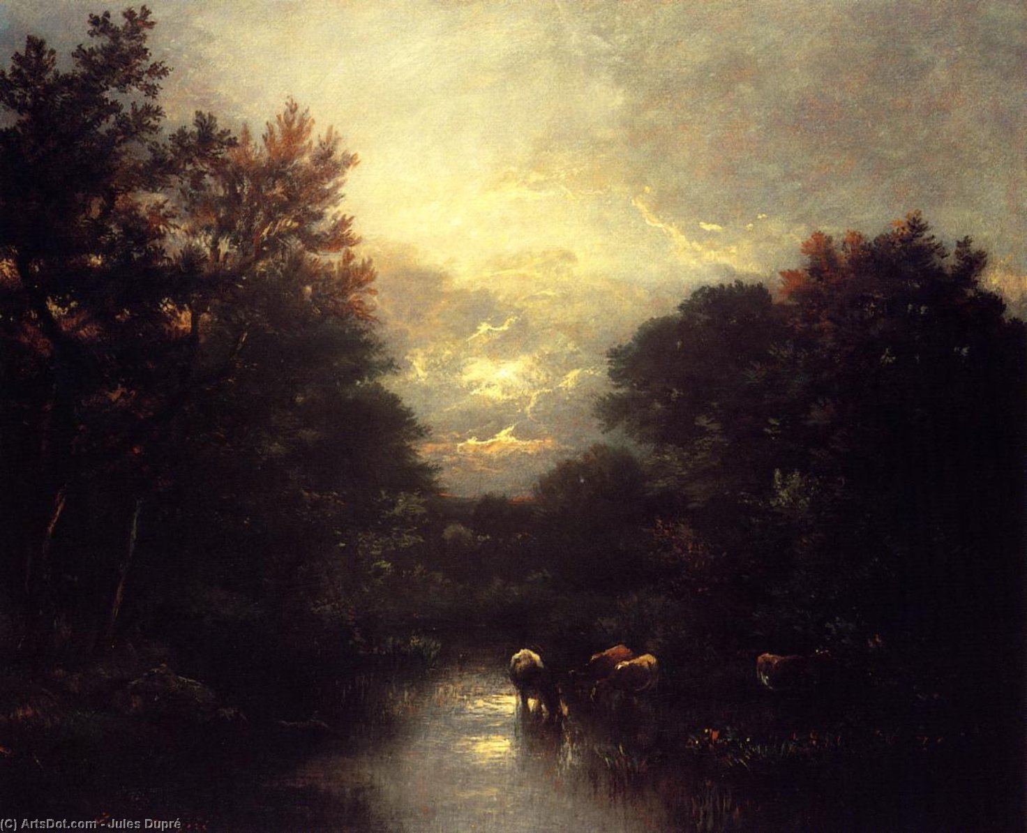 Wikioo.org - The Encyclopedia of Fine Arts - Painting, Artwork by Jules Dupré - Sunset over the Forest
