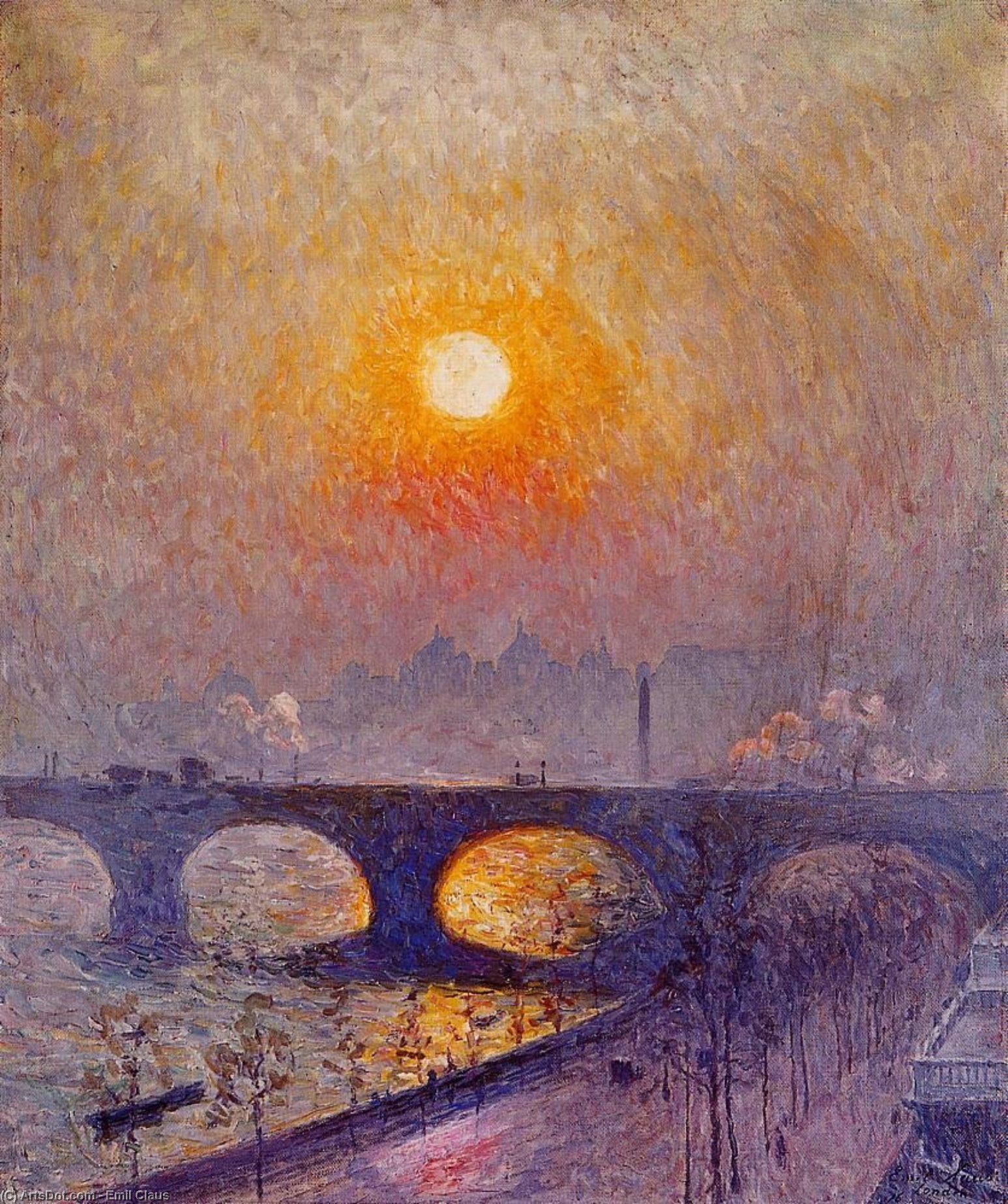 Wikioo.org – La Enciclopedia de las Bellas Artes - Pintura, Obras de arte de Emil Claus - puesta del sol sobre Puente de Waterloo