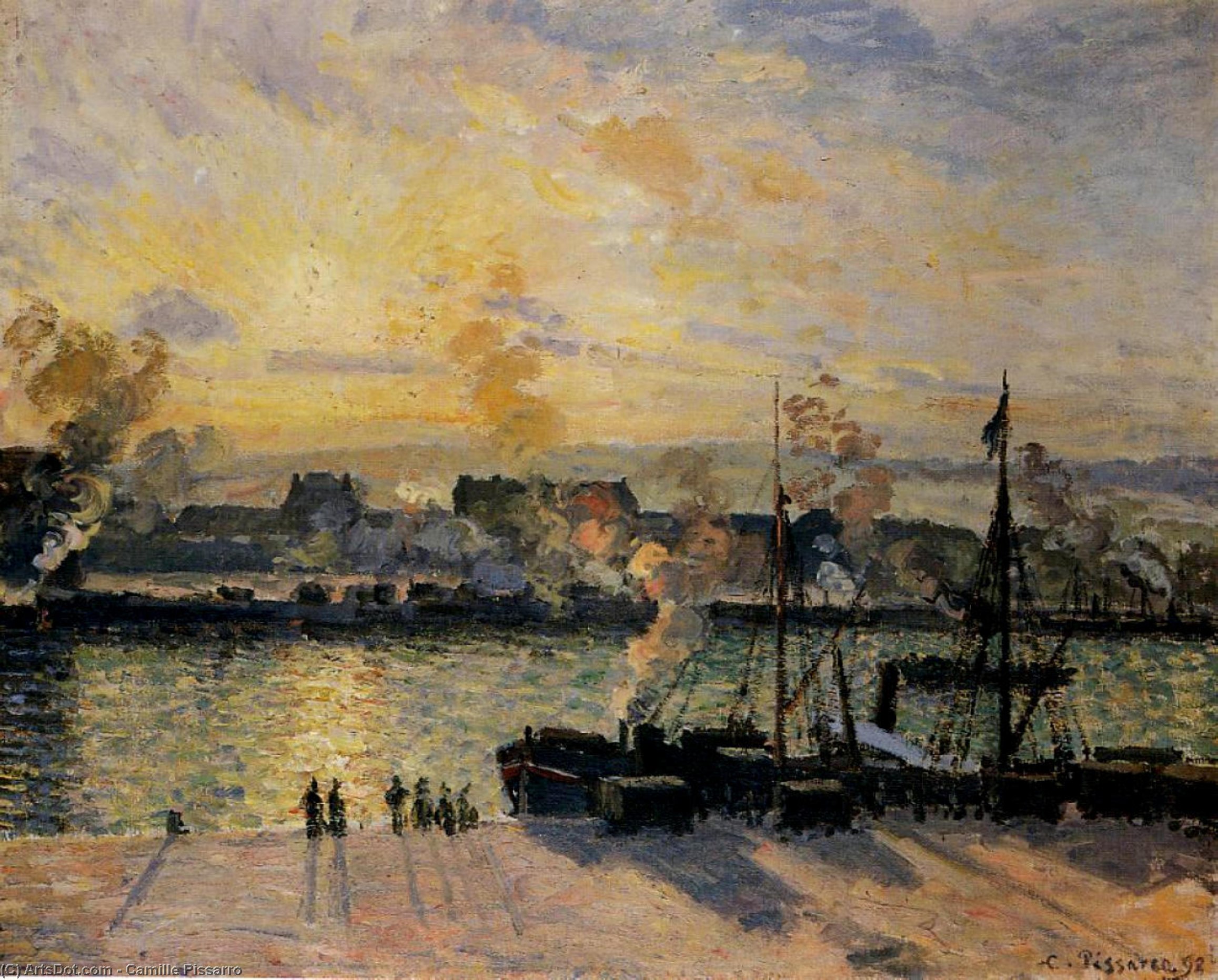 Wikioo.org - The Encyclopedia of Fine Arts - Painting, Artwork by Camille Pissarro - Sunset, the Port of Rouen (also known as Steamboats)