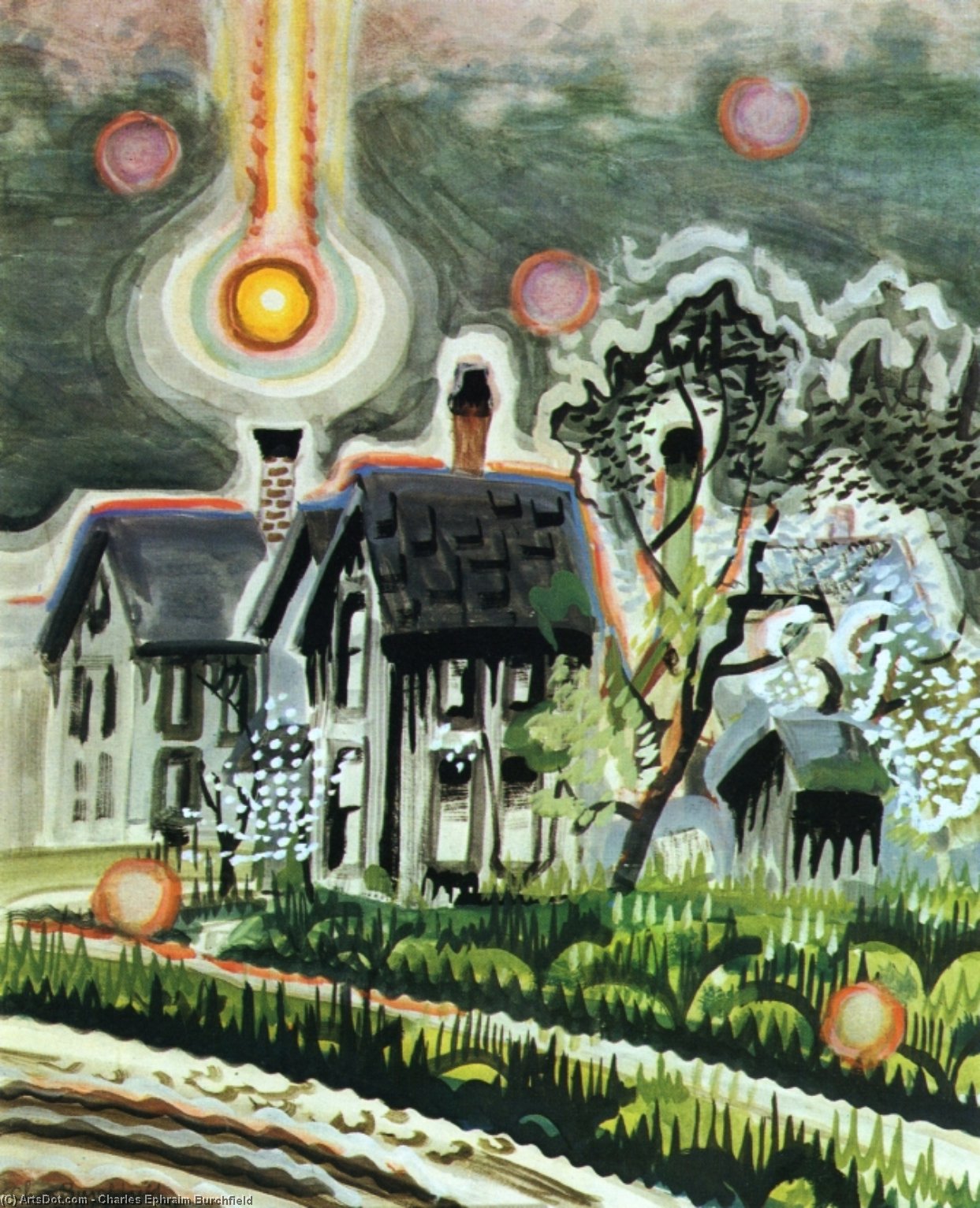 WikiOO.org – 美術百科全書 - 繪畫，作品 Charles Ephraim Burchfield - 夕阳西下 在  一个  银行  的  烟雾