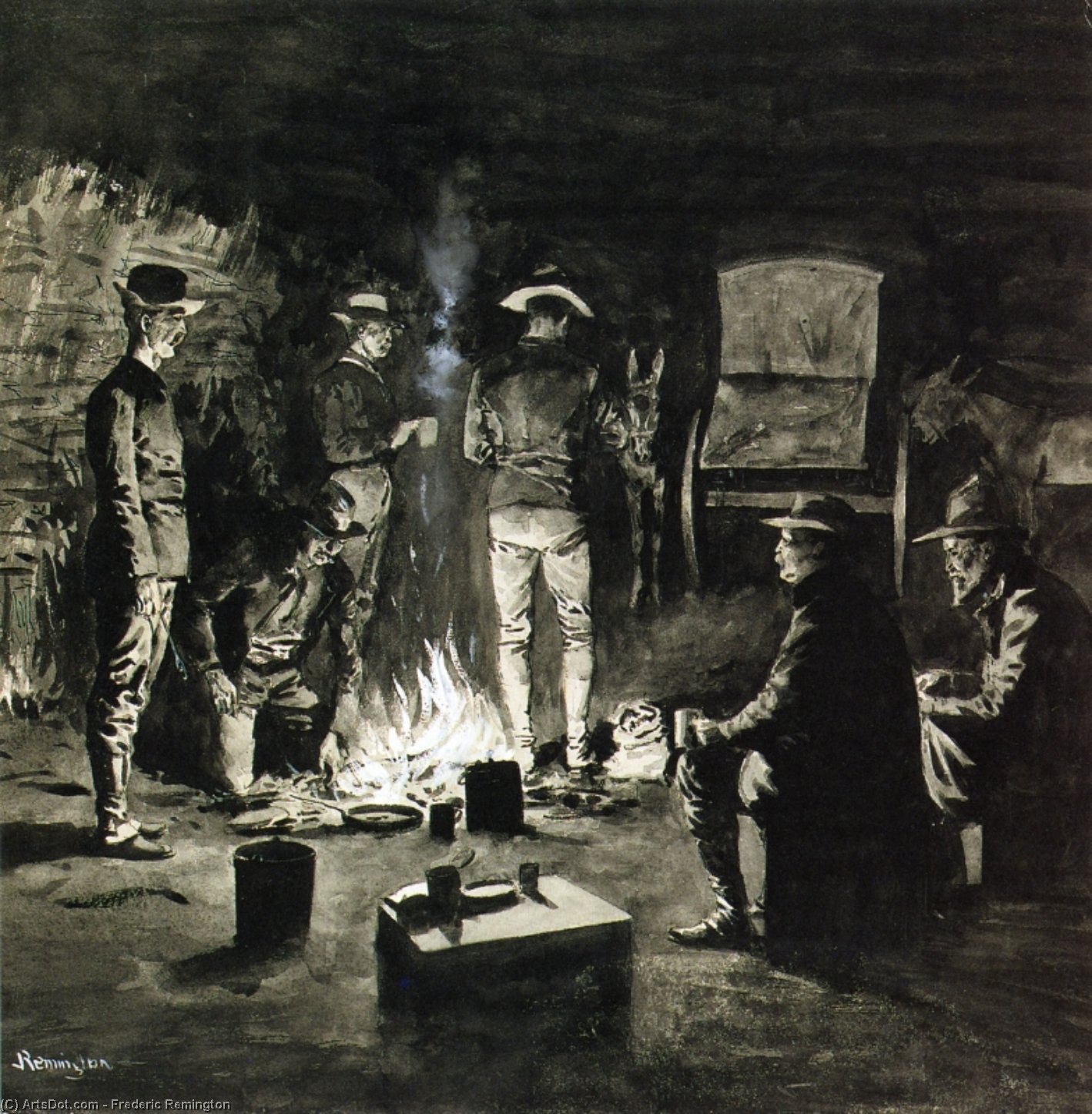 WikiOO.org - Encyclopedia of Fine Arts - Lukisan, Artwork Frederic Remington - Supper in the Corral (also known as Camp-fire Texas)