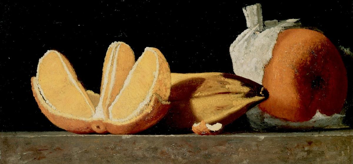 Wikioo.org - The Encyclopedia of Fine Arts - Painting, Artwork by John Frederick Peto - Sustenance, a Still Life with Oranges and a Banana