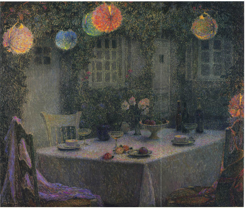 Wikoo.org - موسوعة الفنون الجميلة - اللوحة، العمل الفني Henri Eugène Augustin Le Sidaner - Table with Lanterns in Gerberoy