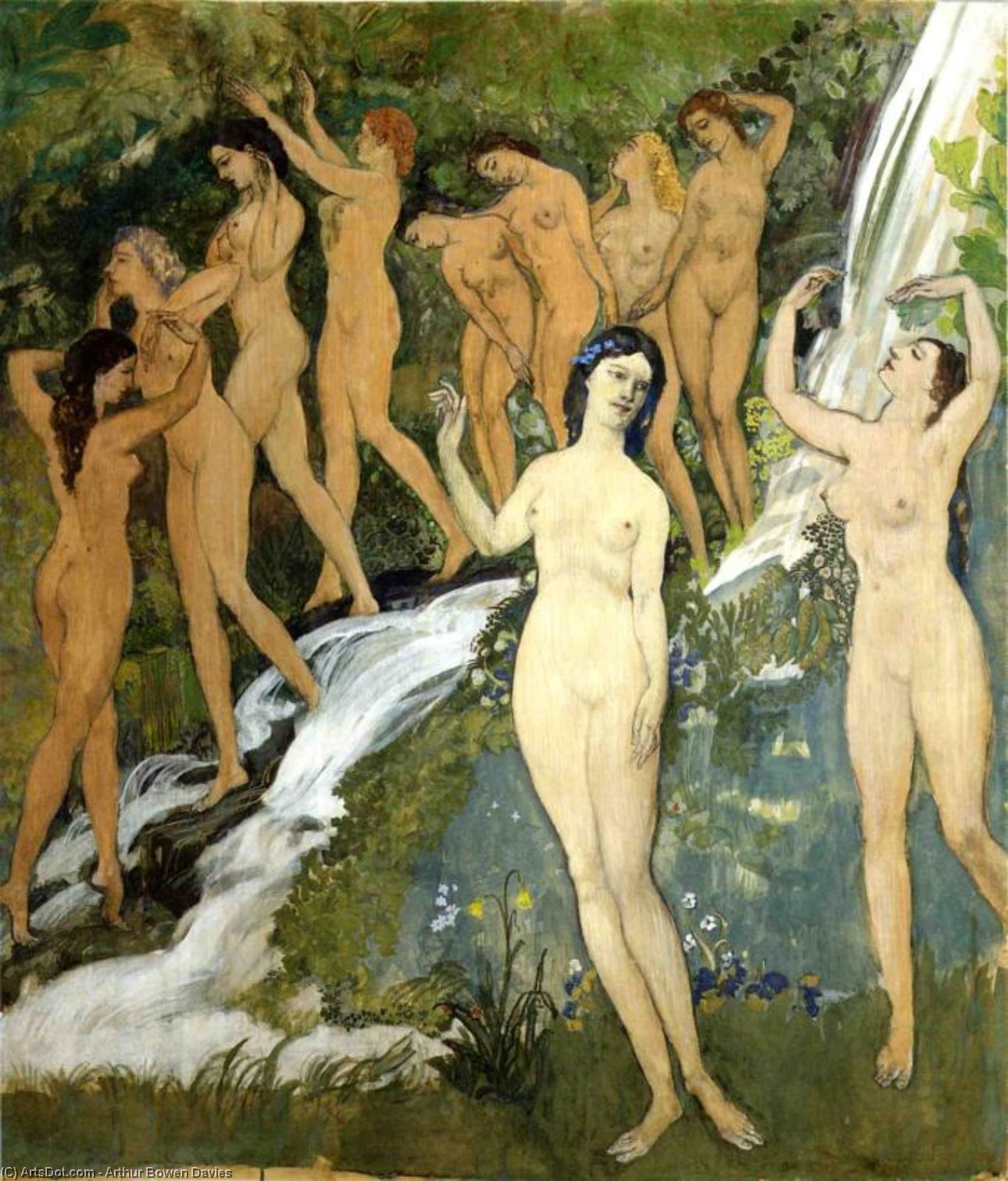 WikiOO.org - Encyclopedia of Fine Arts - Målning, konstverk Arthur Bowen Davies - Ten Nudes by a Waterfall