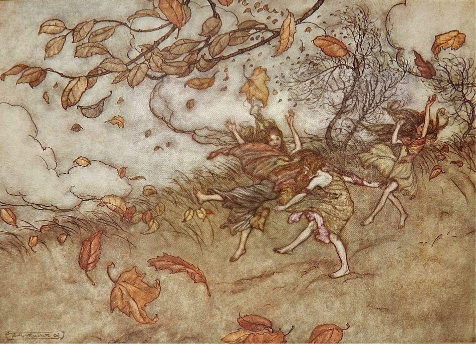 Wikioo.org - The Encyclopedia of Fine Arts - Painting, Artwork by Arthur Rackham - There is almost nothing that has such a keen sense of fun as a fallen leaf (also known as Joy of a Fallen Leaf)