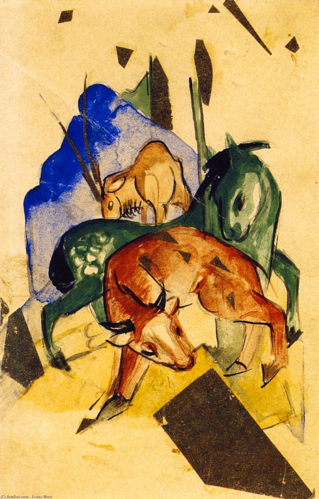 Wikioo.org - Bách khoa toàn thư về mỹ thuật - Vẽ tranh, Tác phẩm nghệ thuật Franz Marc - Three Animals on the Blue Mountain