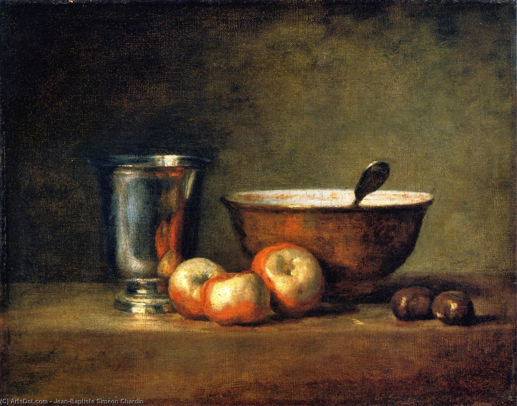 Wikioo.org – La Enciclopedia de las Bellas Artes - Pintura, Obras de arte de Jean-Baptiste Simeon Chardin - tres manzanas , Dos Castañas , Tazón y plata cáliz ( también conocida como el plata goblet )