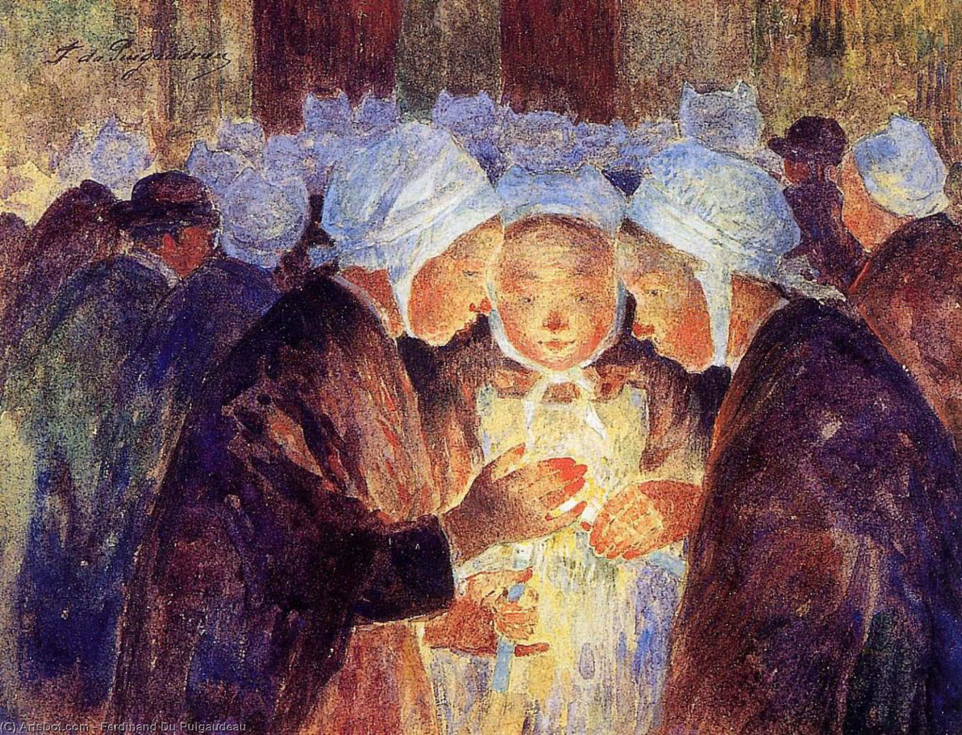 WikiOO.org - Encyclopedia of Fine Arts - Maalaus, taideteos Ferdinand Du Puigaudeau - Three Breton Girls Lighting their Candles before the Procession