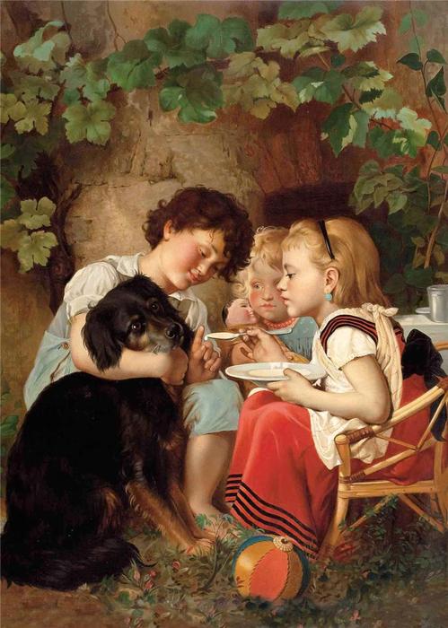 WikiOO.org - אנציקלופדיה לאמנויות יפות - ציור, יצירות אמנות Carl Reichert - Three children feeding dog