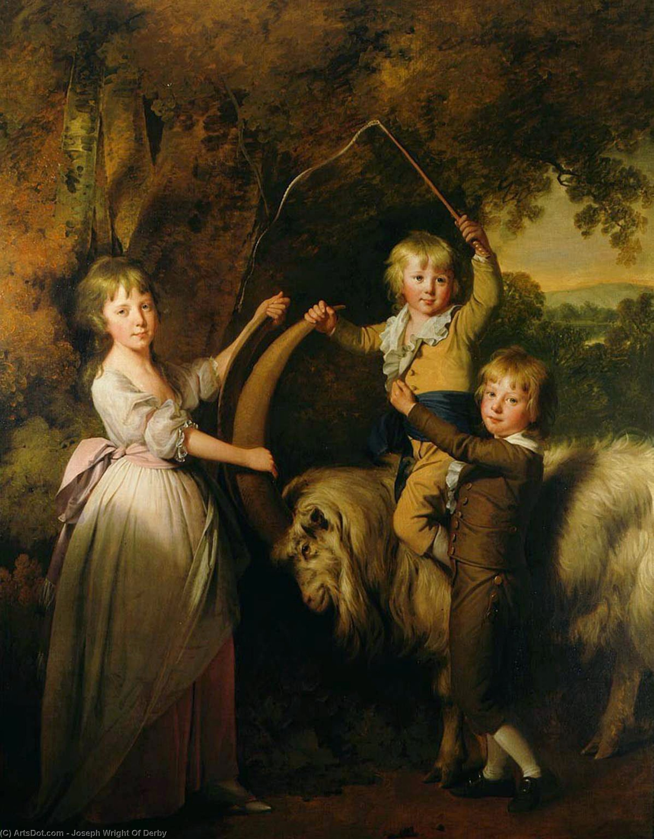 Wikioo.org - The Encyclopedia of Fine Arts - Painting, Artwork by Joseph Wright Of Derby - Three Children of Richard Arkwright with a Goat