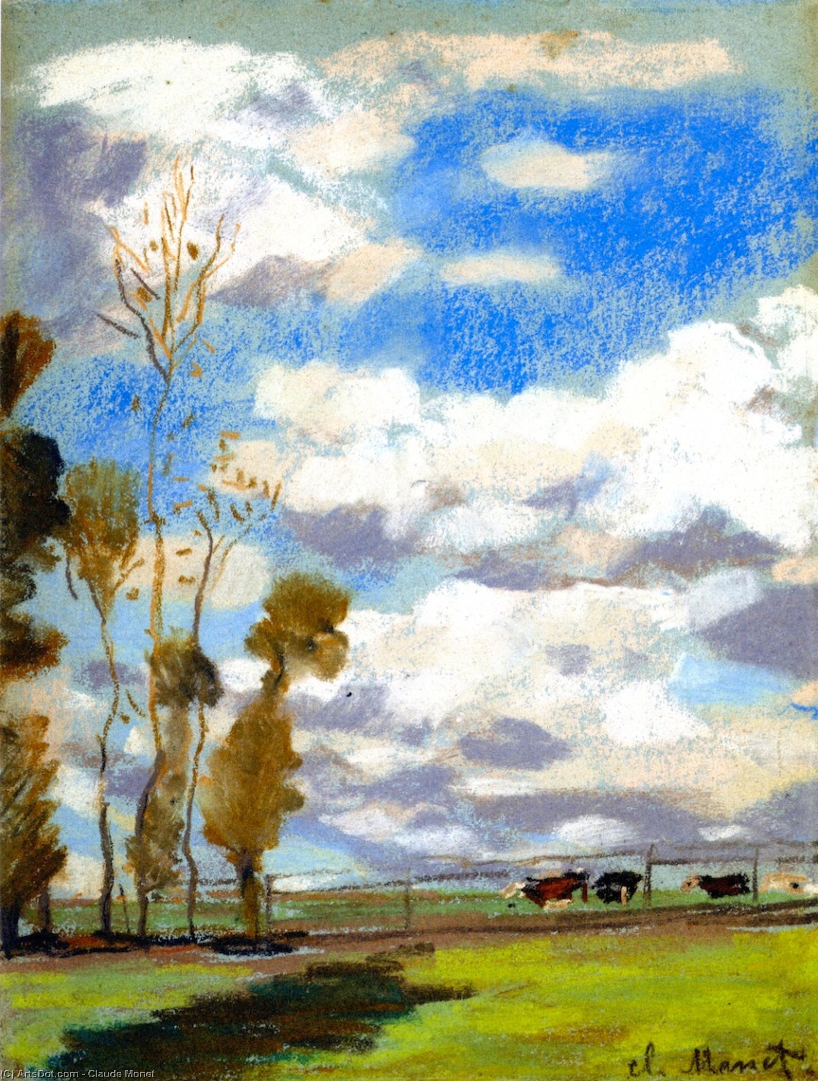 Wikioo.org – L'Enciclopedia delle Belle Arti - Pittura, Opere di Claude Monet - tre mucche contro  Un  pascolo