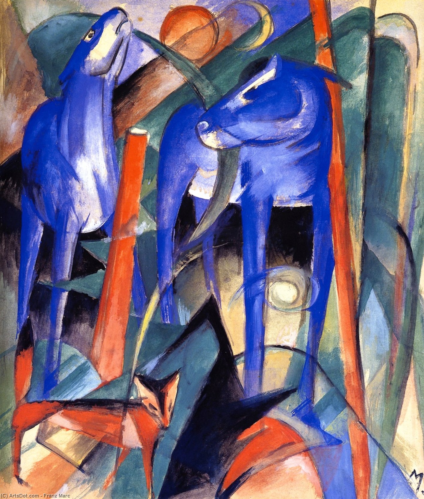WikiOO.org - Encyclopedia of Fine Arts - Lukisan, Artwork Franz Marc - Three Fabulous Beasts (also known as Creation of Horses)