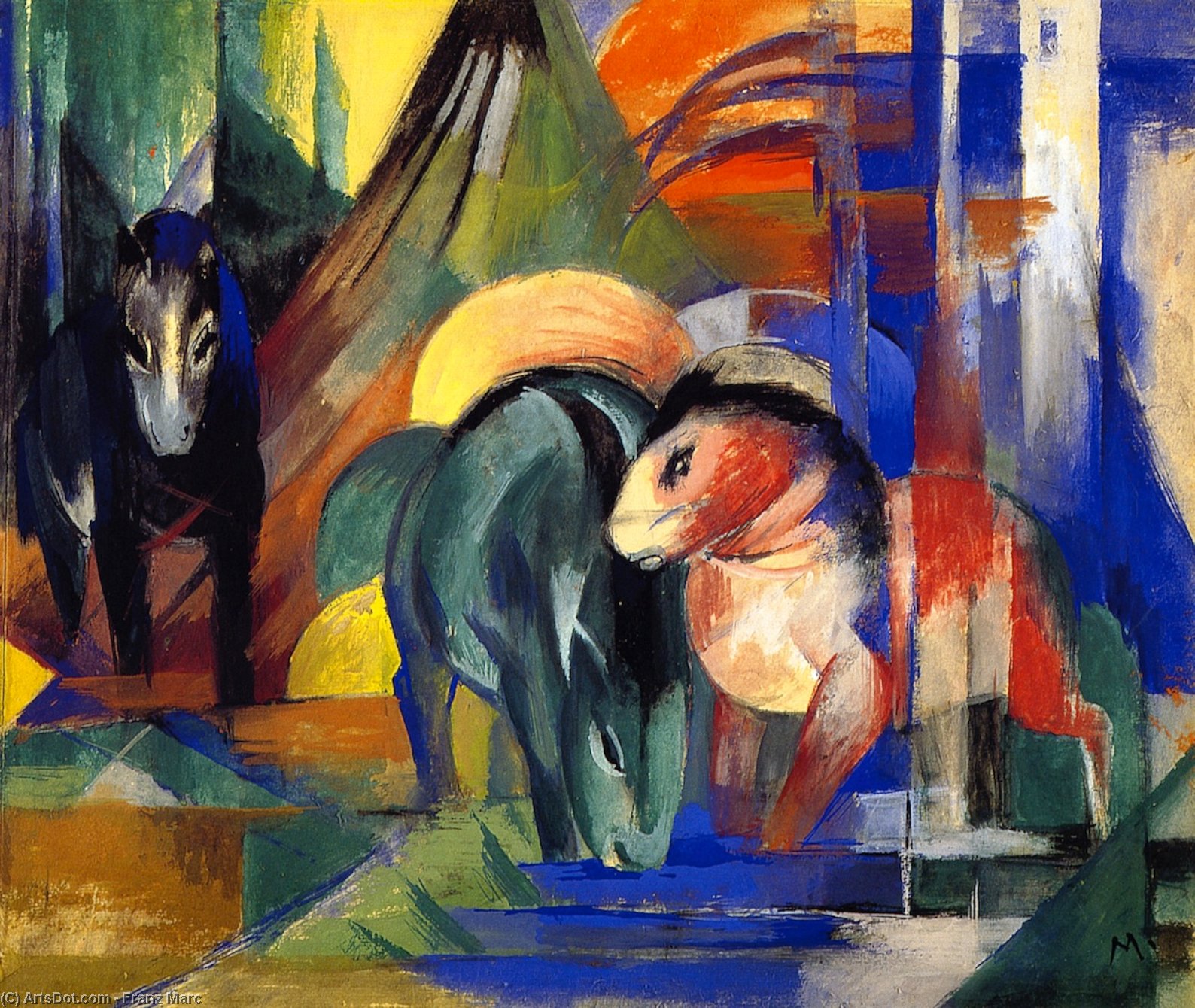Wikioo.org - The Encyclopedia of Fine Arts - Painting, Artwork by Franz Marc - Three Horses at the Watering Place (also known as Three Horses at a Watering Place in the Woods)