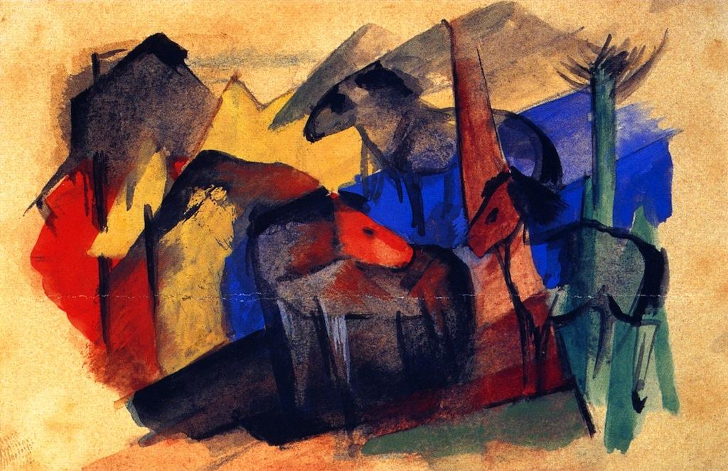 Wikioo.org - The Encyclopedia of Fine Arts - Painting, Artwork by Franz Marc - Three Horses in Landscape with Houses