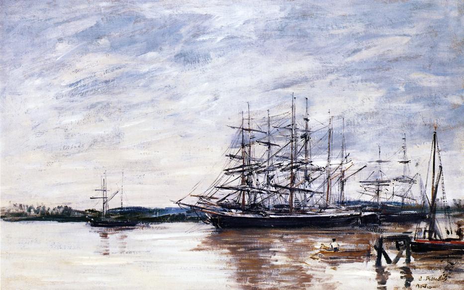 Wikioo.org - The Encyclopedia of Fine Arts - Painting, Artwork by Eugène Louis Boudin - Three Masted Ship in Port, Bordeaux